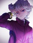  1boy bangs bede_(pokemon) closed_mouth coat commentary_request curly_hair eyelashes grey_background grey_hair half-closed_eyes hand_up head_tilt janis_(hainegom) looking_at_viewer male_focus pokemon pokemon_(game) pokemon_swsh purple_coat purple_eyes smile solo upper_body watch wristwatch 