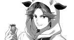  1boy animal_hood atobe_keigo commentary_request cow_hood cow_horns food fruit grey_background greyscale holding holding_food holding_fruit hood hood_up horns looking_at_viewer male_focus mole mole_under_eye monochrome parted_lips sayshownen shiny shiny_hair short_hair smile solo strawberry tennis_no_ouji-sama twitter_username upper_body watermark 