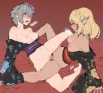  2girls animal_ears bare_shoulders barefoot black_kimono blonde_hair blush breasts celica_(xenoblade_x) collarbone commentary dark_skin english_commentary flower grey_hair hair_between_eyes hair_flower hair_ornament highres japanese_clothes jewelry kenshin187 kimono long_sleeves medium_breasts multiple_girls obi open_mouth original purple_eyes pussy pussy_juice ring sash sex_toy short_hair sleeves_past_wrists sweat tribadism vibrator xenoblade_chronicles_(series) xenoblade_chronicles_x yuri 