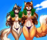 2020 anthro breasts brown_hair canid canine canis clothed clothing collar coyote day detailed_background digital_media_(artwork) female food fox fruit fur hair hi_res looking_at_viewer mammal orange_body orange_fur outside pineapple plant purple_eyes sdark391 sky smile 