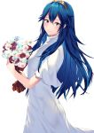  1girl ameno_(a_meno0) bare_arms blue_eyes blue_hair blush bouquet dress fire_emblem fire_emblem_awakening flower highres long_hair looking_at_viewer lucina_(fire_emblem) simple_background smile solo symbol-shaped_pupils tiara white_background white_dress 