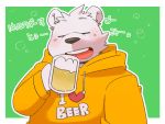  &lt;3 2020 alcohol anthro beer beverage blush clothing eyes_closed fur green_bell inakamichi japanese_text kemono mammal polar_bear solo text text_on_clothing ursid ursine white_body white_fur 