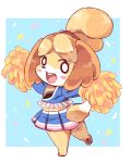  1girl :d animal_ears animal_nose blonde_hair blush_stickers cheerleader commentary_request dog dog_ears dog_girl dog_tail doubutsu_no_mori full_body furry happy highres hnzk_aroma looking_at_viewer medium_hair open_mouth pawpads pom_poms shizue_(doubutsu_no_mori) simple_background smile solo standing standing_on_one_leg tail topknot white_background white_fur yellow_fur yellow_pom_poms 