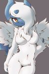  1girl absol acky animal_nose asymmetrical_horns breasts claws cowboy_shot fang furry gen_3_pokemon highres horns long_hair looking_at_viewer medium_breasts mega_absol mega_pokemon navel one_eye_covered pokemon simple_background solo standing tail white_fur white_hair wings 