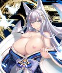  1girl ahoge animal_ear_fluff animal_ears areolae azur_lane blue_eyes blush breasts bug butterfly cleavage commentary_request fox_ears hand_on_own_chest highres huge_breasts insect japanese_clothes kimono long_hair looking_at_viewer mole mole_under_eye nipples parted_lips shiki_(psychedelic_g2) shinano_(azur_lane) sidelocks silver_hair solo very_long_hair 