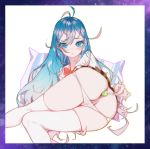  1girl absurdres anal anal_object_insertion antenna_hair ass badao_zhu_ge blue_eyes blue_hair blush border bow candy chromatic_aberration commentary_request denpa_onna_to_seishun_otoko food gradient_hair hair_between_eyes highres huge_filesize knees_together_feet_apart lollipop long_hair looking_at_viewer lying multicolored_hair object_insertion off_shoulder on_side panties panty_pull pleated_skirt pussy see-through simple_background skirt solo thighhighs touwa_erio uncensored underwear white_background white_legwear white_panties 
