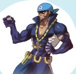  1boy anchor_necklace archie_(pokemon) bandana beard blue_bandana brown_hair closed_mouth collarbone commentary cowboy_shot facial_hair hand_on_hip holding holding_poke_ball jewelry male_focus muscle na_insoo necklace poke_ball poke_ball_(basic) pokemon pokemon_(game) pokemon_oras solo team_aqua wetsuit 