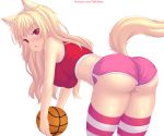  1girl :o animal_ear_fluff animal_ears ass ball bangs basketball blonde_hair blush breasts cat_ears cat_tail eyebrows_visible_through_hair highres holding holding_ball large_breasts long_hair looking_at_viewer nottytiffy original red_eyes shiny shiny_skin short_shorts shorts slit_pupils solo tail thighhighs thighs tiffy_(nottytiffy) watermark web_address 