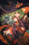  ... 1girl 2020 argyle argyle_legwear bat_hair_ornament broom cat commentary detached_sleeves drill_hair english_commentary fire_emblem fire_emblem:_three_houses flayn_(fire_emblem) green_eyes green_hair hair_ornament halloween halloween_costume hat highres long_hair multicolored multicolored_clothes multicolored_legwear nvalee solo_focus spoken_ellipsis thighhighs very_long_hair witch witch_hat 
