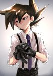  1boy adjusting_clothes adjusting_gloves bangs black_eyes black_gloves black_hair black_pants collared_shirt dress_shirt gloves grey_background hair_between_eyes long_hair looking_to_the_side male_focus manjoume_jun necktie pants parted_lips purple_neckwear shiny shiny_hair shirt sk816 sleeves_rolled_up solo spiked_hair suspenders white_shirt wing_collar yu-gi-oh! yu-gi-oh!_gx 