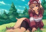  animal_ears animal_nose azoazon blush breasts brown_hair cloud collarbone commentary_request dog dog_ears dog_girl dog_tail eyebrows_visible_through_hair fang furry grass hair_between_eyes hat large_breasts long_hair looking_at_viewer open_mouth original pine_tree purple_eyes sitting sky tail tree 