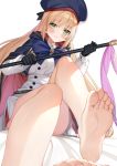  1girl artoria_pendragon_(all) artoria_pendragon_(caster) beret blue_headwear blush breasts fate/grand_order fate_(series) feet gloves green_eyes haijin hat holding holding_staff legs long_hair long_sleeves looking_at_viewer multicolored_capelet simple_background sitting soles staff toes white_background 