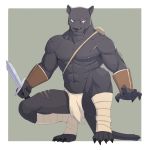  1:1 4_toes 5_fingers abs anthro arm_guards black_body black_fur claws clothed clothing crouching dagger eye_scar felid fingers fur green_eyes hi_res holding_object holding_weapon jrjresq leg_wraps loincloth male mammal melee_weapon muscular muscular_anthro muscular_male nipples pantherine pecs scar solo toe_claws toes topless weapon white_clothing white_outline wraps 