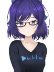  1girl aqua_eyes bangs black-framed_eyewear black_shirt blue_eyes blue_hair bow breasts collarbone glasses highres hololive logo long_sleeves looking_at_viewer shirt short_hair solo swept_bangs umikotatsu virtual_youtuber yuujin_a_(hololive) 