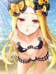  1girl abigail_williams_(fate/grand_order) abigail_williams_(swimsuit_foreigner)_(fate) absurdres bangs bare_shoulders beach bikini black_bikini black_bow blonde_hair blush bow breasts collarbone fate/grand_order fate_(series) forehead highres leaning_forward long_hair looking_at_viewer manu_lee multiple_bows navel open_mouth orange_bow parted_bangs red_eyes shore sidelocks small_breasts swimsuit thighs very_long_hair 