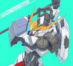  aqua_eyes aron_e character_name gundam gundam_barbatos gundam_tekketsu_no_orphans highres holding holding_weapon looking_ahead mecha no_humans solo twisted_torso upper_body v-fin weapon 