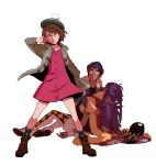  1girl 2boys baseball_cap black_shirt bob_cut boots brothers brown_eyes brown_footwear brown_hair buttons cape cardigan clenched_teeth closed_mouth collared_dress commentary_request dark_skin dark_skinned_male dress frown fur-trimmed_cape fur-trimmed_jacket fur_trim gloria_(pokemon) green_headwear green_legwear grey_cardigan hat hat_removed headwear_removed highres holding holding_poke_ball hooded_cardigan hop_(pokemon) jacket korean_commentary leggings legs_apart leon_(pokemon) long_hair long_sleeves looking_at_another multiple_boys pink_dress plaid plaid_legwear poke_ball poke_ball_(basic) pokemon pokemon_(game) pokemon_swsh purple_hair red_cape redlhzz shirt shoes short_hair shorts siblings socks tam_o&#039;_shanter teeth white_background white_footwear white_shorts white_wristband yellow_eyes 