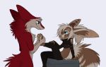  aseethe blue_eyes brown_body brown_fur canid canine chest_tuft clothed clothing eye_contact fennec foot_rub fox fur looking_at_another mammal melody_(aseethe) midriff nude red_body red_fur sergal simple_background sitting smile standing tuft white_background 