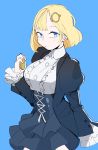  1girl absurdres alternate_costume blonde_hair blue_background blue_eyes breasts center_frills corset frilled_sleeves frills hair_ornament highres hololive hololive_english juicycloney large_breasts looking_back monocle_hair_ornament pocket_watch puffy_sleeves shirt short_hair sleeves_past_wrists solo victorian virtual_youtuber watch watson_amelia white_shirt 