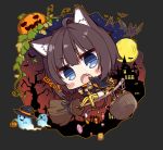  1girl animal_ear_fluff animal_ears bangs bat black_hair blue_eyes blush_stickers broom broom_riding candy cat_ears cat_tail chibi claw_pose detached_sleeves eyebrows_visible_through_hair fang food full_moon gao ghost halloween hat hatachi highres jack-o&#039;-lantern looking_at_viewer moon night open_mouth original short_hair silhouette solo striped striped_legwear tail thighhighs vertical-striped_legwear vertical_stripes witch_hat 