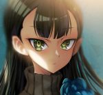  1girl bangs black_hair blue_background blue_flower blurry closed_mouth cluseller commentary_request cropped expressionless eyebrows_visible_through_hair face flower green_eyes long_hair looking_at_viewer sasa_kazamori shiny shiny_hair simple_background solo turtleneck un-go 