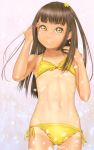  1girl bikini brown_hair commentary_request cowboy_shot english_commentary flat_chest frilled_bikini frills highres long_hair looking_at_viewer mixed-language_commentary navel one-piece_tan original parted_lips side-tie_bikini simple_background smile solo swimsuit tan tanline uzuki_mei white_background yellow_bikini yellow_eyes 