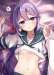  1boy 1girl akebono_(kantai_collection) bell blush collarbone flower hair_bell hair_flower hair_ornament heart highres jingle_bell kantai_collection long_hair long_sleeves lying navel on_back purple_eyes purple_hair school_uniform serafuku shirt_lift side_ponytail skirt soramuko spoken_heart uniform very_long_hair 