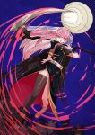  1girl artist_name floating_hair holding holding_scythe hololive hololive_english looking_down minxei moon mori_calliope open_hand over_shoulder pink_eyes pink_hair scythe single_thighhigh solo thighhighs virtual_youtuber watermark 