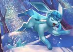  bare_tree blue_eyes commentary_request crystal day gen_4_pokemon glaceon jumping lens_flare looking_at_viewer no_humans open_mouth outdoors paws pokemon pokemon_(creature) shadow snow snowing solo supearibu tongue tree 