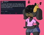  anthro ask_blog ball_bulge belly bimbofication bottomwear canid canine canis clothing domestic_dog dreadlocks english_text floppy_ears german_(altpuppy) hi_res hotpants male mammal obscured_eyes profanity shorts solo text wigsey-nsfw 