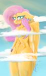  abs amulet anthro blue_eyes blush breasts digital_drawing_(artwork) digital_media_(artwork) equid equine feathered_wings feathers female fluttershy_(mlp) friendship_is_magic glistening glistening_body gynomorph_(lore) hair hasbro lips mammal my_little_pony piercing pink_hair seuchenkater shy smile solo thick_thighs wings yellow_body yellow_wings 