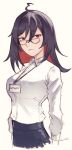  1girl ahoge ark_ford artist_name black_hair colored_inner_hair cropped_torso english_commentary enma-chan glasses hair_between_eyes highres hololive hololive_english id_card lanyard long_sleeves looking_at_viewer medium_hair multicolored_hair red_eyes red_hair sketch solo 