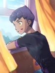  1boy black_hair black_shirt blurry cloud commentary_request curtains dark_skin dark_skinned_male day highres hop_(pokemon) leaning_forward looking_to_the_side male_focus open_mouth pokemon pokemon_(game) pokemon_swsh shirt short_hair sky smile solo teeth tongue window yellow_eyes yukke_(fh) 