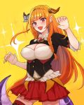  1girl breasts claw_pose dragon_horns dragon_tail fang highres hololive horns kiryuu_coco large_breasts long_hair nagimugi open_mouth orange_hair purple_eyes solo tail virtual_youtuber yellow_background 