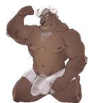  5_fingers abs absurd_res anthro balls_outline beard blue_eyes bovid bovine brown_body brown_fur bulge cattle clothed clothing facial_hair fingers flexing fur genital_outline grey_hair hair hi_res horn horn_ring kneeling male mammal muscular muscular_anthro muscular_male nipples pecs penis_outline pubes scar simple_background soji_gr solo topless underwear white_background white_clothing white_underwear 