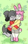  amai_puwai_(character) ambiguous_gender anthro bailey_(switch1e) blush canid canine canis clothing collar domestic_dog duo eyes_closed face_squish hi_res hug lagomorph leporid mammal one_eye_closed rabbit shih_tzu squish sweater switch1e topwear toy_dog 