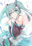  1girl ahoge akino_coto aqua_eyes aqua_hair aqua_neckwear arm_tattoo bangs black_sleeves blurry_foreground blush detached_sleeves eyebrows_visible_through_hair hair_between_eyes hatsune_miku headphones long_hair looking_at_viewer necktie smile solo tattoo twintails v very_long_hair vocaloid 