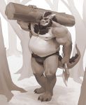  anthro armpit_hair axe barazoku beard belly big_belly body_hair briefs bulge carrying chest_hair claws clothing dragon exoticd14 facial_hair fangs hair hi_res horn male melee_weapon moobs muscular mustache nipples overweight overweight_anthro overweight_male pubes solo tree underwear weapon 