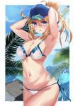  1girl absurdres ahoge armpits arms_behind_head arms_up artoria_pendragon_(all) bangs bare_shoulders baseball_cap beach bikini blonde_hair blue_eyes blue_headwear blue_sky blush breasts cleavage collarbone fate/grand_order fate_(series) hair_through_headwear hat highres large_breasts long_hair looking_at_viewer musicatopos mysterious_heroine_xx_(foreigner) navel open_mouth ponytail revision sidelocks sky swimsuit thighs wet white_bikini 