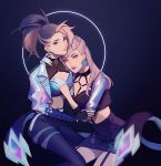  2girls absurdres akali asymmetrical_clothes claws cropped_jacket earrings evelynn_(league_of_legends) garter_straps highres jewelry league_of_legends long_hair looking_at_viewer multicolored_hair multiple_girls open_clothes ponytail skirt thighhighs utamaruu yellow_eyes yuri 
