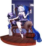  1girl arizona_(blue_oath) arizona_(ebony_flower)_(blue_oath) armchair artist_request black_choker blue_hair blue_oath bow bowtie breasts chair choker crown_hair_ornament cup dress drinking_glass earrings elbow_gloves eyebrows_visible_through_hair flower gloves hair_flower hair_ornament hair_ribbon highres holding holding_cup jewelry legs long_hair looking_at_viewer necklace official_art purple_dress purple_eyes ribbon shoes sitting solo white_footwear white_gloves wine_glass 
