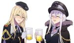  2girls beer_mug black_neckwear blonde_hair blush closed_eyes cross cross_necklace cup drink eyebrows_visible_through_hair fur_collar fur_trim girls_frontline gloves green_eyes hat highres holding holding_cup iron_cross jacket jewelry kar98k_(girls_frontline) long_hair looking_at_viewer military military_hat military_uniform mug multiple_girls necklace necktie open_mouth silver_hair stg44_(girls_frontline) suprii uniform white_background white_gloves 