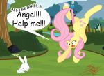  angel_(mlp) dialogue equid equine female fluttershy_(mlp) forest friendship_is_magic hasbro hi_res horse killkatt lagomorph leporid male mammal my_little_pony parasprite_(mlp) pegasus pony rabbit river tree wings 