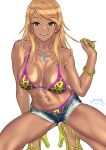  1girl :d animal_print bikini blonde_hair bracelet breasts brown_eyes commentary_request dark_skin dark_skinned_female earrings green_nails gyaru high_heels highres idolmaster idolmaster_shiny_colors izumi_mei jewelry leopard_print long_hair looking_at_viewer navel navel_piercing necklace open_mouth piercing revision shiny shiny_skin short_shorts shorts simple_background smile solo spread_legs squatting suna swimsuit teeth white_background 