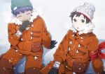  2boys arm_ribbon arm_support beanie black_gloves blush brown_eyes cable_knit can closed_eyes commentary_request drinking dynamax_band expedition_uniform fur-trimmed_jacket fur_trim gloves green_headwear grey_headwear hat highres holding holding_can hop_(pokemon) jacket male_focus multiple_boys open_mouth orange_jacket orange_pants pokemon pokemon_(game) pokemon_swsh red_ribbon ribbon signature sitting teeth tin_can victor_(pokemon) watermark yukke_(fh) 