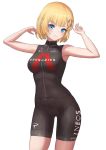  1girl adhitya_herdiawan blonde_hair blue_eyes blush bodysuit breasts cycling_uniform hair_ornament highres hololive hololive_english medium_breasts monocle_hair_ornament open_hands skin_tight smile solo virtual_youtuber watson_amelia 