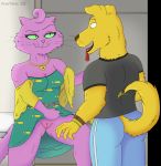  2020 anthro armwear bojack_horseman bottomwear canid canine canis cel_shading clothed clothing clothing_lift colored domestic_cat domestic_dog dress duo eyebrows felid feline felis female firetails fur genitals green_eyes hi_res imminent_sex jewelry lying male male/female mammal mr._peanutbutter netflix office on_back pink_body pink_fur princess_carolyn pussy shaded shirt simple_background skirt skirt_lift smug sweat_pants sweater t-shirt topwear tv_series whiskers yellow_body yellow_clothing yellow_fur yellow_sweater yellow_topwear 
