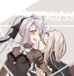  2girls absurdres arm_hug aug_(girls_frontline) aug_para_(girls_frontline) black_dress black_gloves blonde_hair blush bow bowtie breasts character_name dress english_text eyebrows_visible_through_hair girls_frontline gloves hair_between_eyes hair_ribbon highres long_hair looking_at_another looking_at_viewer medium_breasts multiple_girls open_mouth priest77 ribbon siblings silver_hair simple_background sisters twintails white_neckwear yellow_eyes 