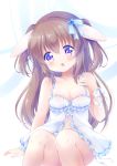  1girl animal_ears babydoll blue_babydoll breasts brown_hair bunny_ears chiika_(cure_cherish) cleavage commentary_request hand_on_own_chest long_hair open_mouth original pink_eyes ribbon sitting solo two_side_up underwear underwear_only 
