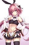  1boy astolfo_(fate) astolfo_(saber)_(fate) bare_shoulders belt black_bow black_legwear black_neckwear black_ribbon black_shirt black_skirt blush bow bowtie crop_top detached_sleeves fate/grand_order fate_(series) faulds hair_intakes hands_on_hips highres long_hair long_sleeves looking_at_viewer low_twintails male_focus midriff multicolored_hair navel otoko_no_ko pink_hair pleated_skirt purple_eyes ribbon shirt simple_background skirt smile streaked_hair taka-kun thighhighs thighs twintails white_background white_hair wide_sleeves 